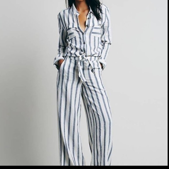 Free People Pants - Free People—Relaxed Shirt Striped Jumpsuit Tie Waist. Sz XS